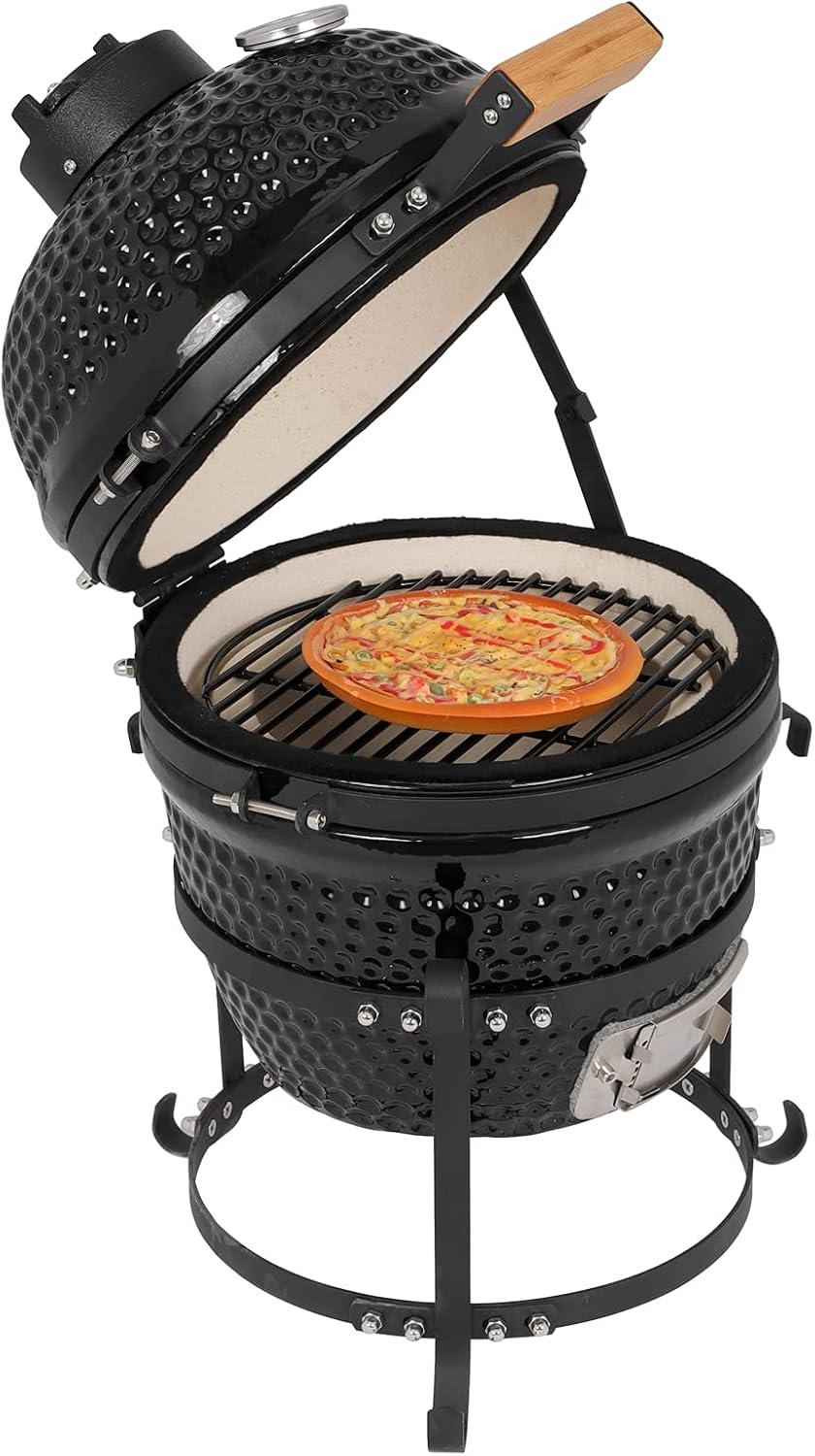 Outvita Ceramic Grill, 13" Round Kamado Charcoal Grill, Black