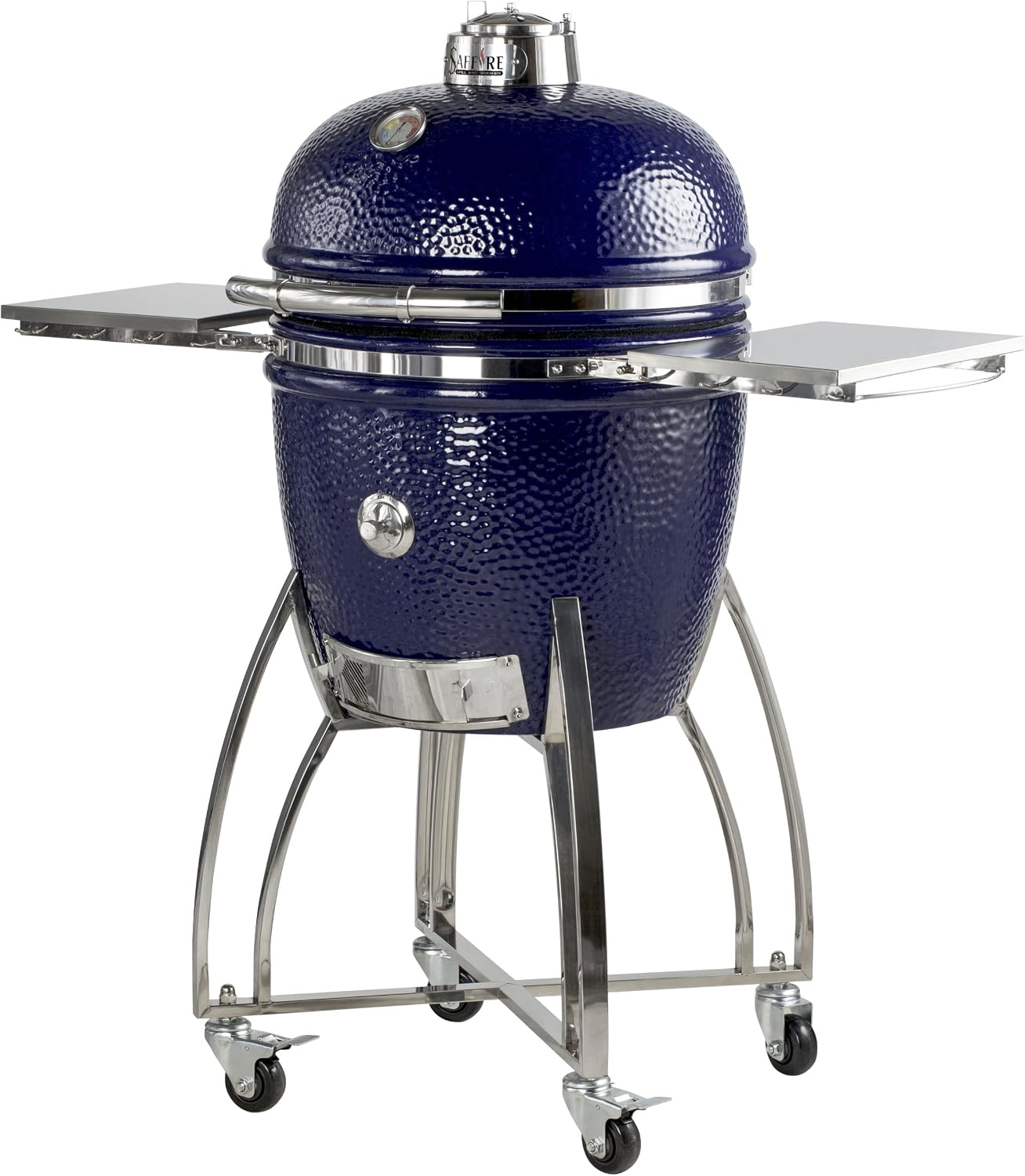 Saffire Platinum Kamado, Large Ceramic Grill and Smoker, 19 Inch Charcoal Grill with 304 Stainless Steel Cart, Smokin Chip Feeder, Secondary Cooking Grid and Heat Deflector in Sapphire Blue