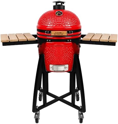 London Sunshine 15-inch Ceramic Kamado Charcoal BBQ Grill & Smoker with Locking Casters, Foldable Side Shelves, Stainless Steel Grates, and Tall Stand (Orange)